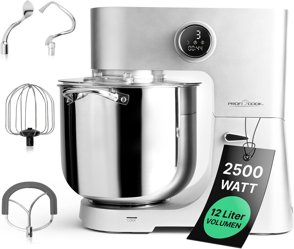 ProfiCook® Food Processor with XXL 12 L Bowl | Kneading Machine with 2500 W Longlife Professional Motor | Metal Gear and LED Display | Food Processor for up to 8.5 kg Dough | 13 Speeds | PC KM 1254