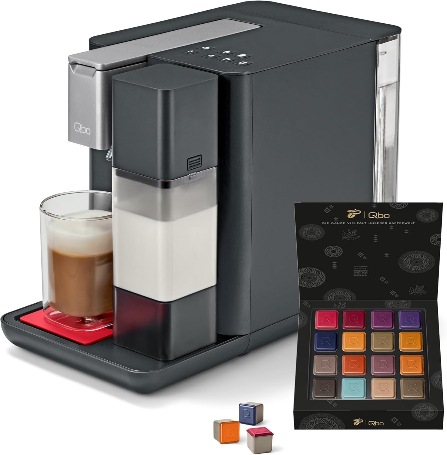 Tchibo Qbo Milk Master Premium Capsule Machine Including 16 Recyclable Qbo Capsules for Cappuccino, Espresso, Caffè Crema, Milk Foam at the Touch of a Button with Removable Milk Tank 300 ml, Lipstick