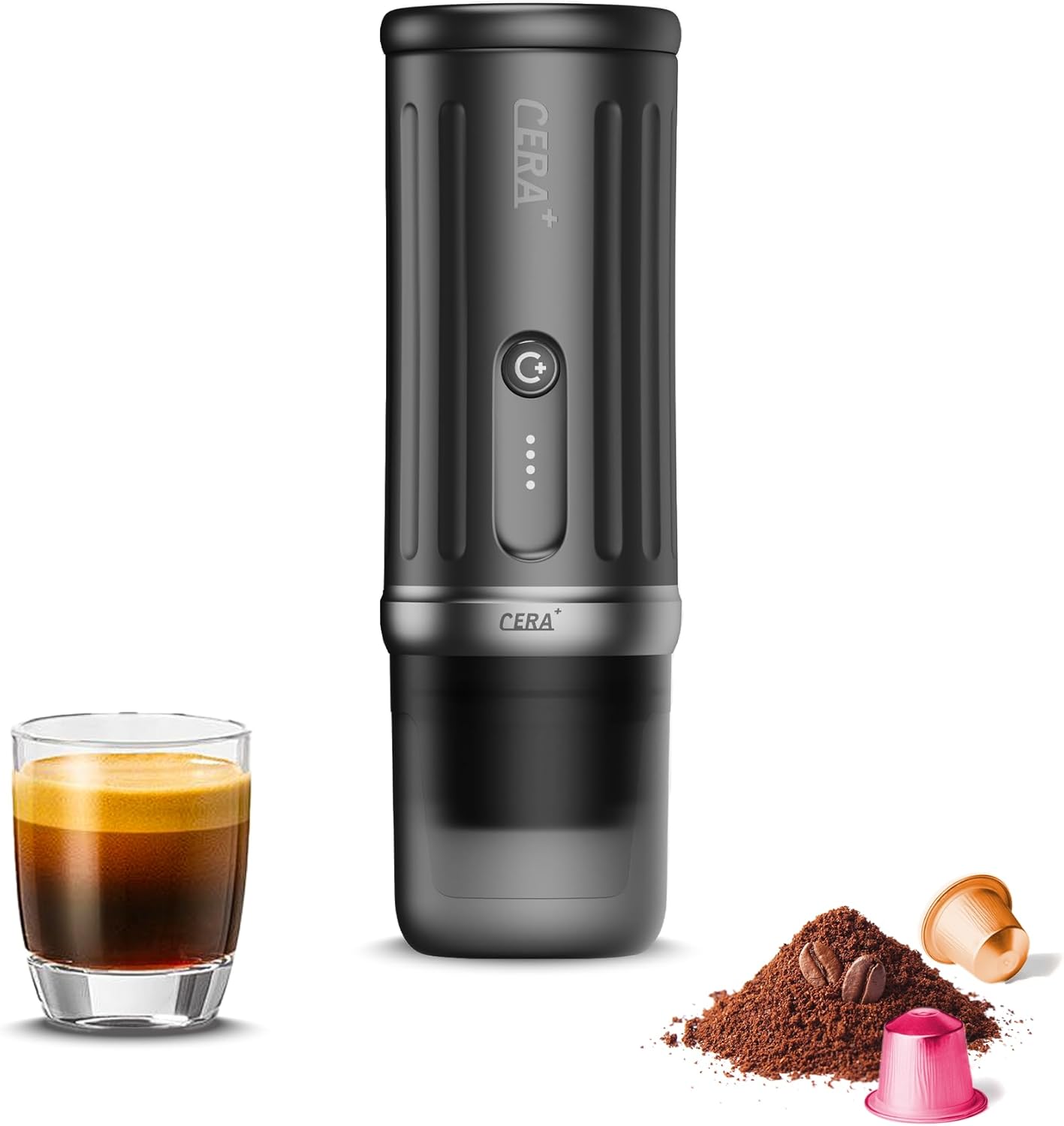 CERA+ Self-Heating Portable Espresso Machine - 8 Cups Per Charge, 20 Bar, CERApresso Compatible with NS Capsules & Ground Coffee, Electric Travel Coffee Maker for Camping, Hiking