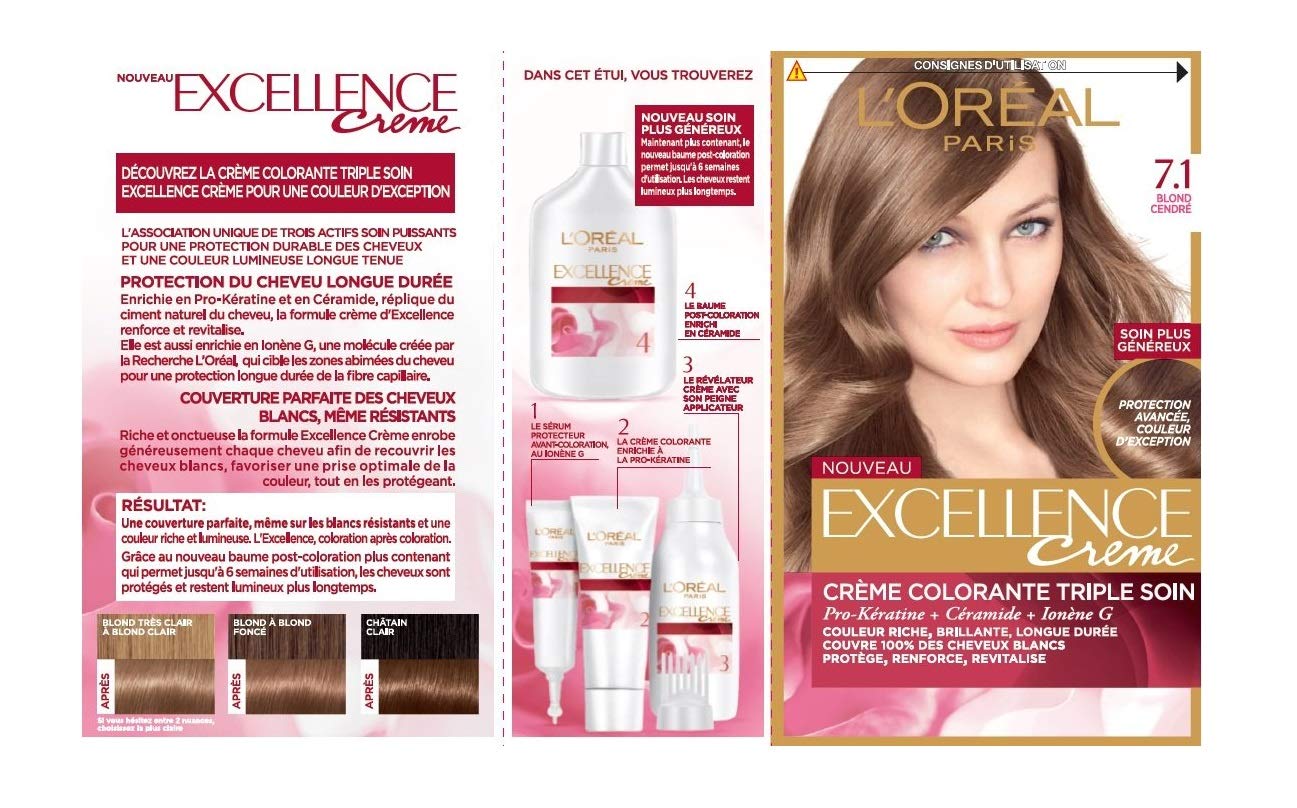 L\'Oréal Paris - Excellence Cream Hair Dye Set Permanent Triple Hair Care - 100% Coverage for White Hair - Shade 7.1 Ash Blonde