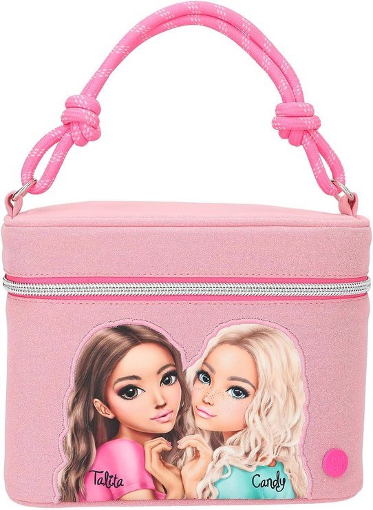 Depesche TOPModel Beauty and Me 13156 Cosmetic Bag Pink with Model Motif and Glitter Cosmetic Case with Carry Handle and Mirror