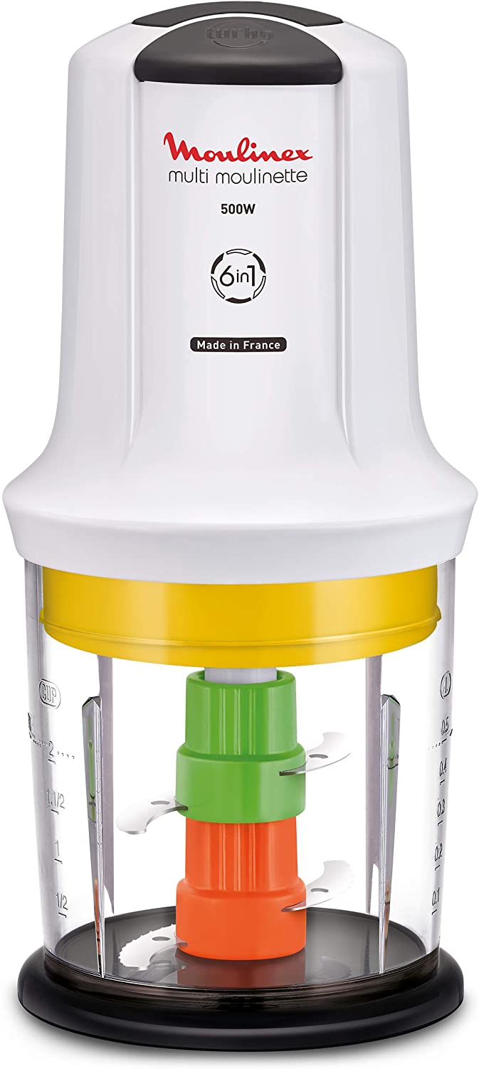 Moulinex AT7231 Multi Moulinette Chopper, 2 Speeds, 6-in-1, Polyester Plastic, White/Dark Grey