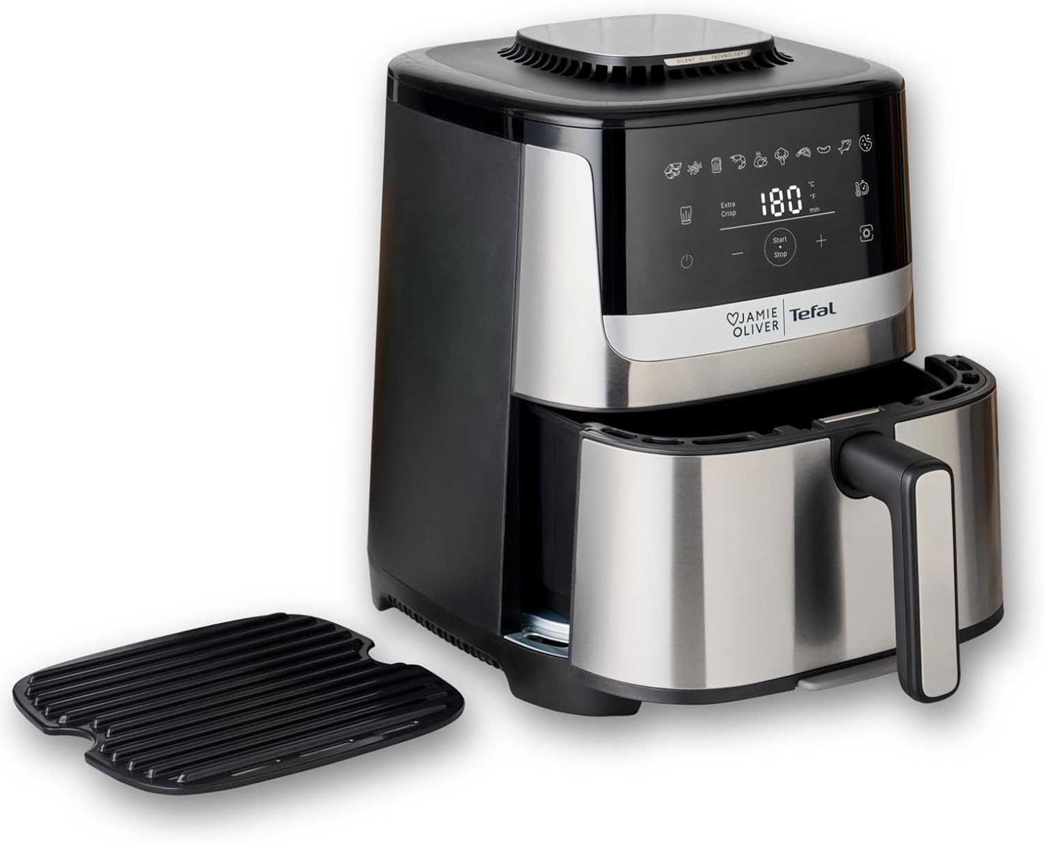 Jamie Oliver by Tefal Easy Fry Silence Deluxe Hot Air Fryer, Very Quiet, 10 Preset Programmes, Digital Touch Screen, 5 L, Includes Die-Cast Grate + Lid, Black/Stainless Steel, EY55JDE0
