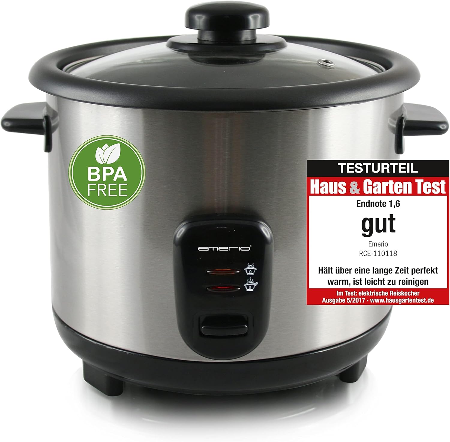 EMERIO RCE-110118.5 Automatic Eco Rice Cooker | 1.5L volume | Keep Warm Function | Auto Off | Non-Stick Coating | Glass Lid | Includes Rice Spoon + Measuring Cup | slow cooker | 500 watts | Stainless