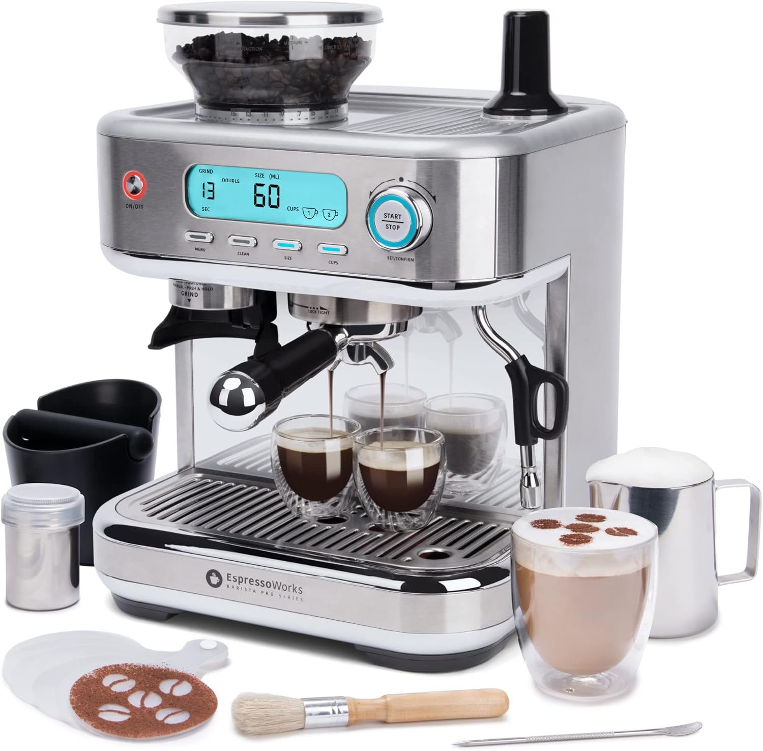 EspressoWorks Barista Pro Series Espresso Machine with Grinder, LCD Display and Steam Function, Ready to Use in 60 Seconds, 15 Bar, with Milk and Cappuccino, 30 Pieces, Coffee Gift