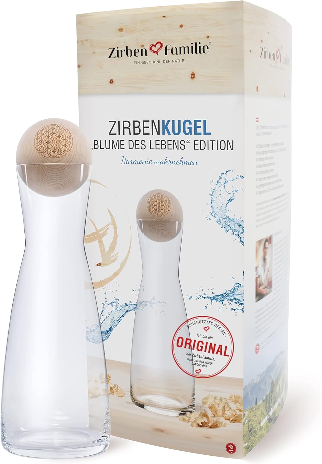 Zirben Familie - Water Carafe with Pine Ball • 1 Liter Set with Flower of Life Engraving • Crystal Glass Carafe and Wooden Ball Made of Fine Pine Wood