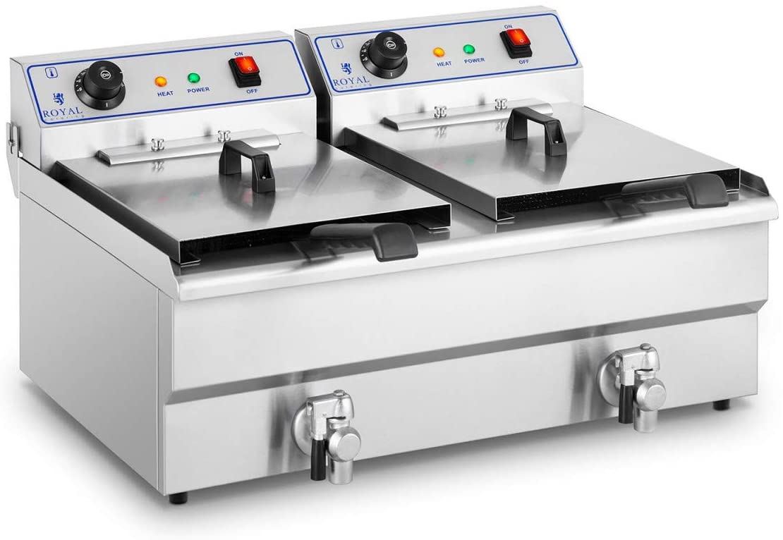 Royal Catering RCSF-16DTH Stainless Steel Double Fryer Electric Fryer (2 x 16L, 2 x 6000W, 380V, 200°C, Drain Tap, Cold Zones)