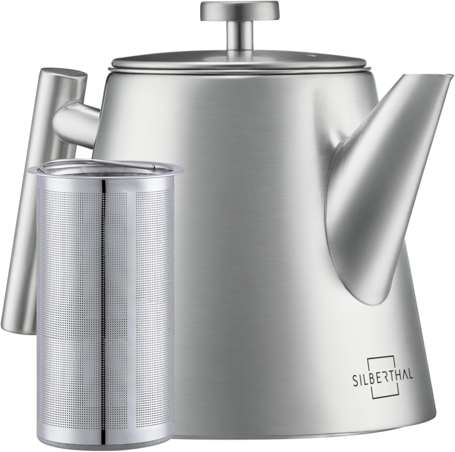 SILBERTHAL Thermal Teapot with Strainer Insert (1L) Silver - Made of Stainless Steel - Double-Walled Jug with Lid - Keeps Warm for a Long Time - Tea Gift