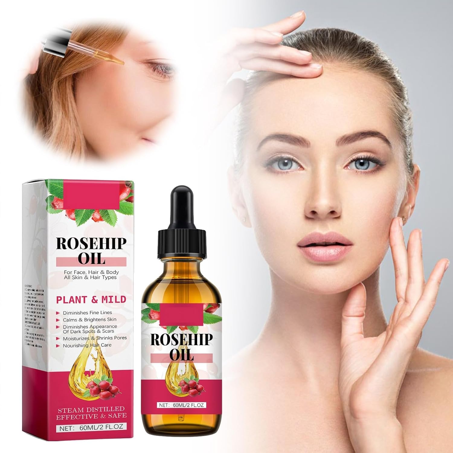 Generic Rosehip Oil Organic Cold Pressed 100% Pure 60 ml Rosehip Oil Wild Rose Oil for Skin Hair Nails Face Oil Body Oil Vegan Hexane-Free Rosehip Seed Oil Anti-Ageing Anti-Wrinkle Natural (1 Piece)