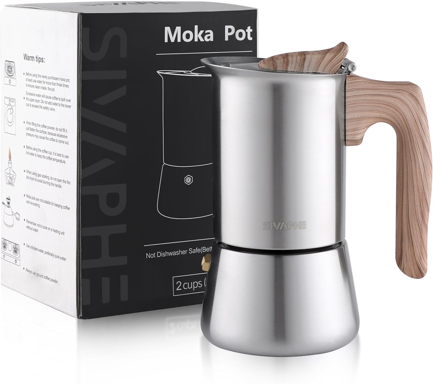 Sivaphe Espresso Maker Induction, Cooker Espresso Machine, Stainless Steel Espresso Jug, Mocha Pot, Espresso Maker, Aluminum-Free, 2 Cups, 100 ml