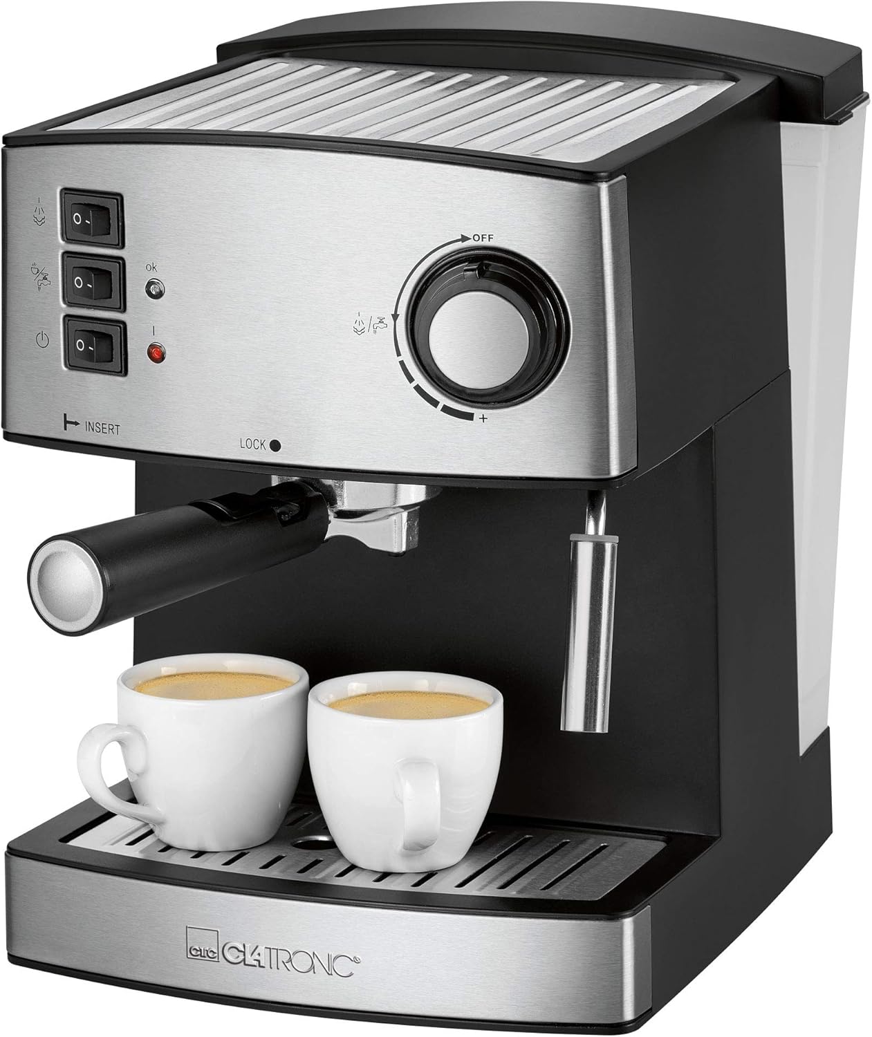 Clatronic ES 3643 espresso machine, black, stainless steel, 850W with cup warmer, with