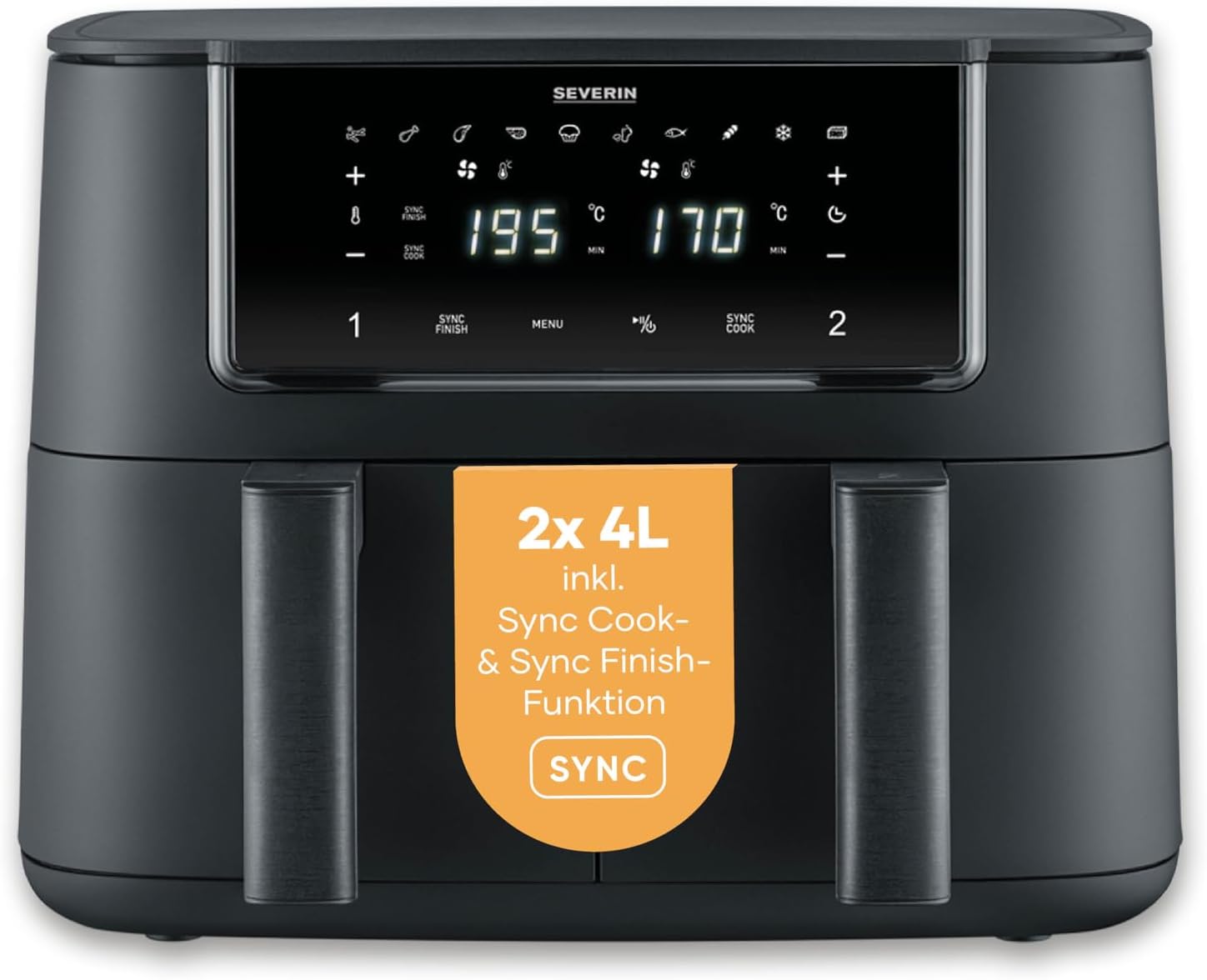 Severin Dual Zone Hot Air Fryer, 2 x 4L Compartments, Versatile Preparation, Touch Display, Keep Warm Function, Temperature Setting Synchronisable, 10 Programs, 2600 W, Black Line, FR 2463