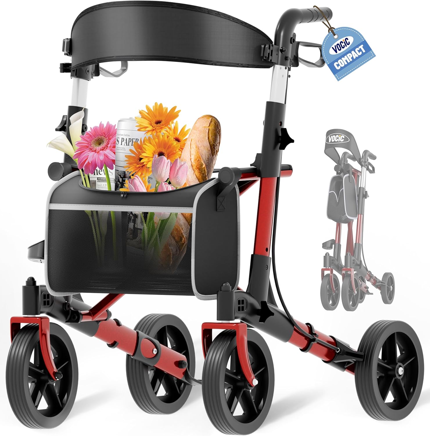VOCIC Foldable and Lightweight Rollator with Seat, Slim for Home, Foldable Aluminum Walking Aid for Seniors, Weighs Only 7.8 kg, Buy Walker for All Terrains, 5 Years Support, Dark Red