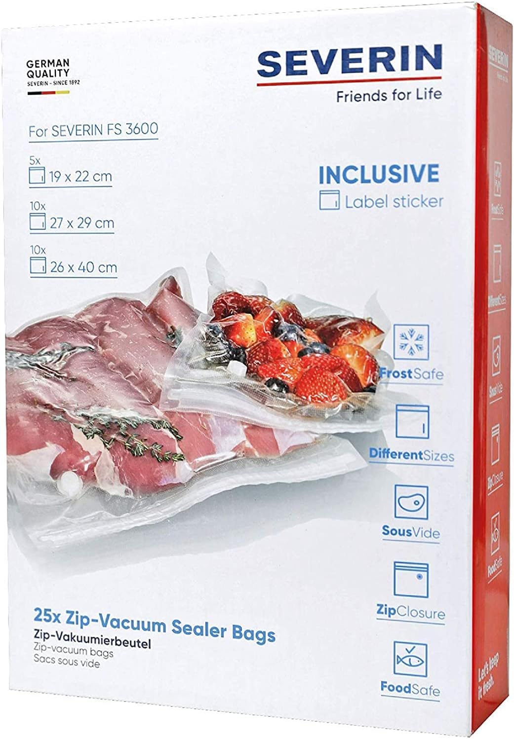 SEVERIN ZIP Vacuum Sealer Bags, Value Pack, for Vacuum Sealers, Pack of 25 in Various Sizes, ZB 3619