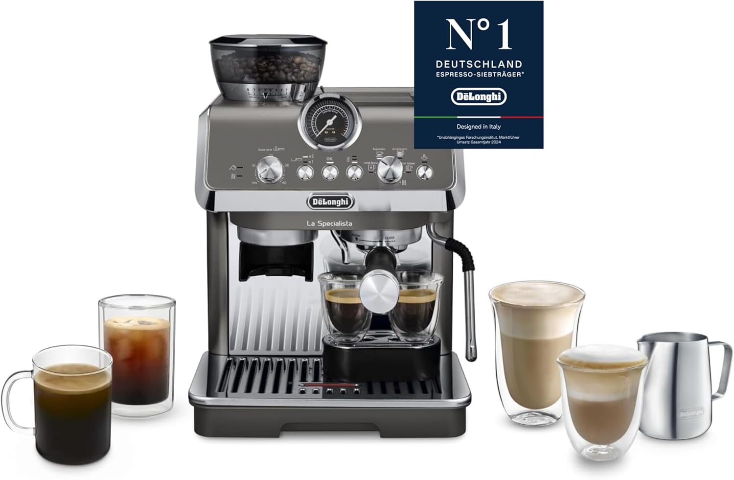 De\'Longhi La Specialista Arte Evo Cold Brew EC9255T Espresso Machine with Grinder Including Barista Kit, Cold Brew Function, 8 Grinding Levels, 15 Bar, 3 Temperatures, Milk Foam Nozzle, Titanium