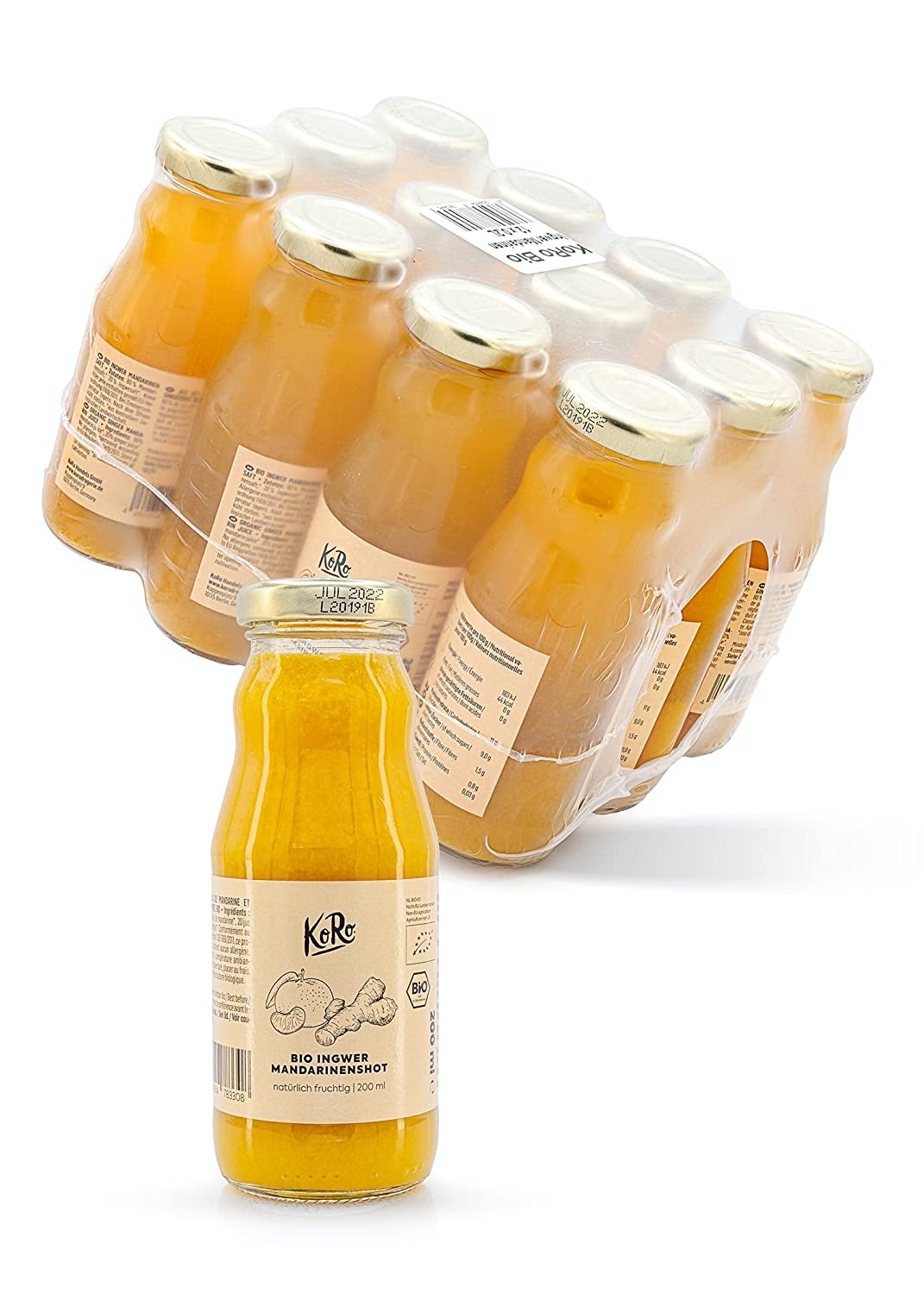 KoRo - Bio Ingwer Mandarinen Shot - 12 x 200 ml - fruchtig-scharfer Saft zum puren Genuss oder in Cocktails und Tees - Vegan