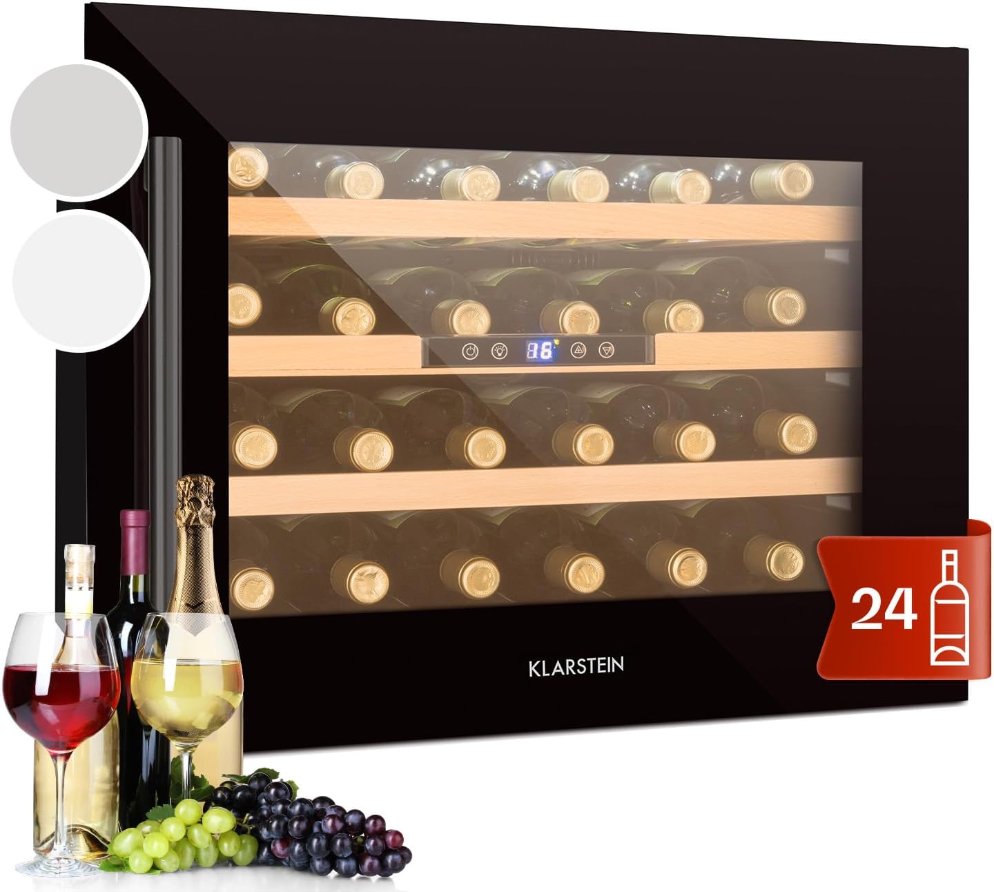 Klarstein Vinsider 24 Onyx Edition Wine Cooler w/Glass Door • Wine Cooler • Wine Tempering Cabinet • Built-in Device • 24 Bottles • 5-22 ° C • LED Display • 3 Shelves • Interior Lighting • Black