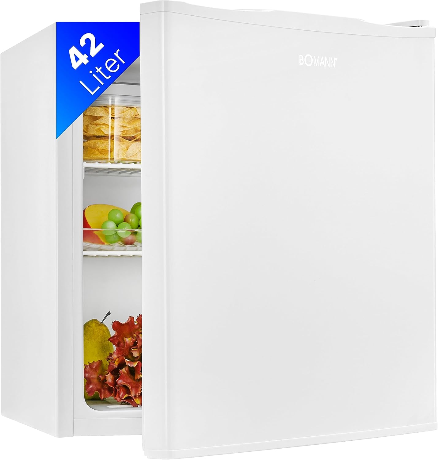 Bomann® Mini Fridge 42 Liters | Drinks Fridge Small for Office, Camping and Gaming | Small Fridge Quiet 39 dB | Mini Bar with Interchangeable Door Hinge | 51 x 45 x 45 cm | KB 7346 White