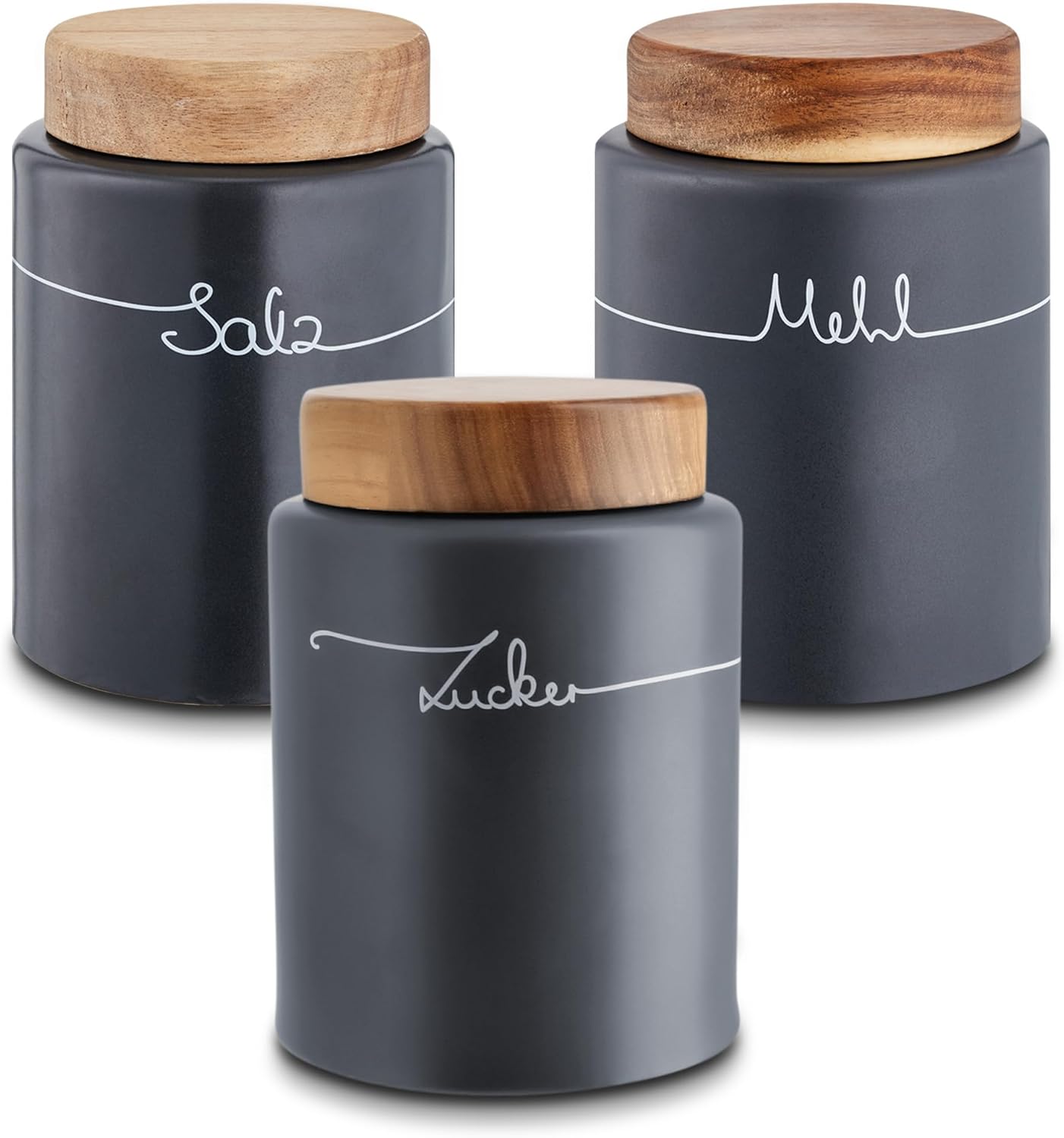 KHG Flour, sugar, salt storage, storage jars set, 3 pieces, ceramic stoneware, anthracite gray, wooden lid bamboo, flour pot, sugar pot, salt pot, airtight closure, BPA-free