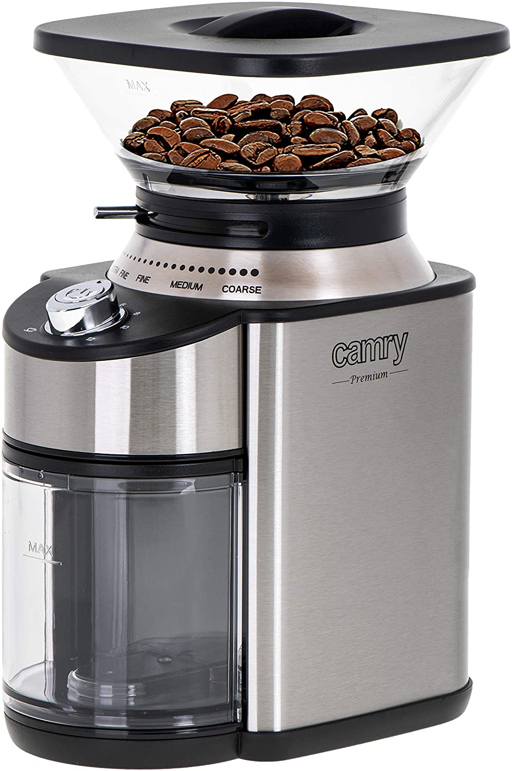 CAMRY CR 4443 Coffee Grinder with Conical Grinder, 200 W, Stainless Steel Case, 16 Grinding Degrees, Volume 230 g, Electric Mill with Automatic Shut-Off, Double Safety Switch