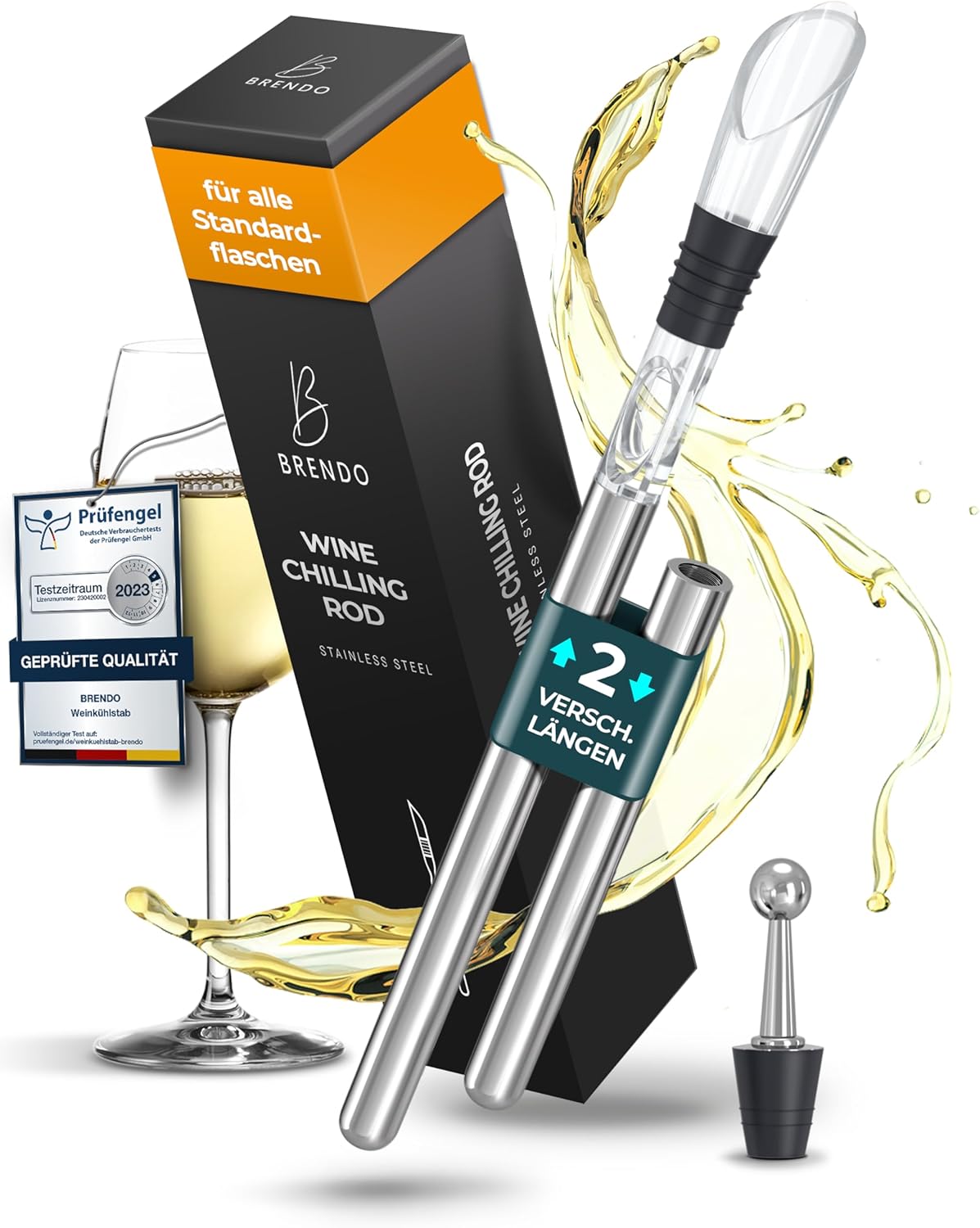 Brendo Wine Cooler 4-in-1 Wine Cooling Stick Stainless Steel I Bottle Cooler 2 Lengths Wine Cooling Sticks + Wine Pourer + Decanter + Bottle Stopper I Wine Gift Set Men Women Wine Accessories Gift
