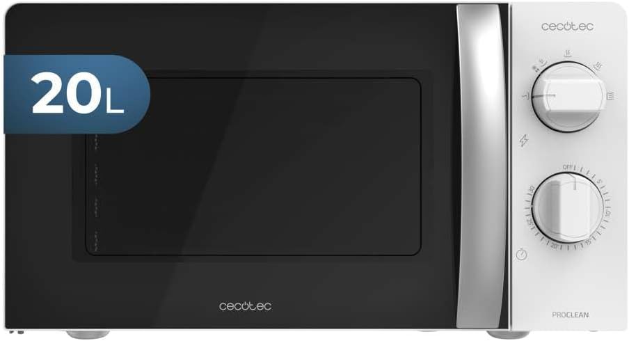 Microondas ProClean 2010, 20 liter capacity, Ready2Clean coating, 700 watt power, 6 function levels, 30 minute timer, defrost mode, 3D Wave technology, white finish, black door.