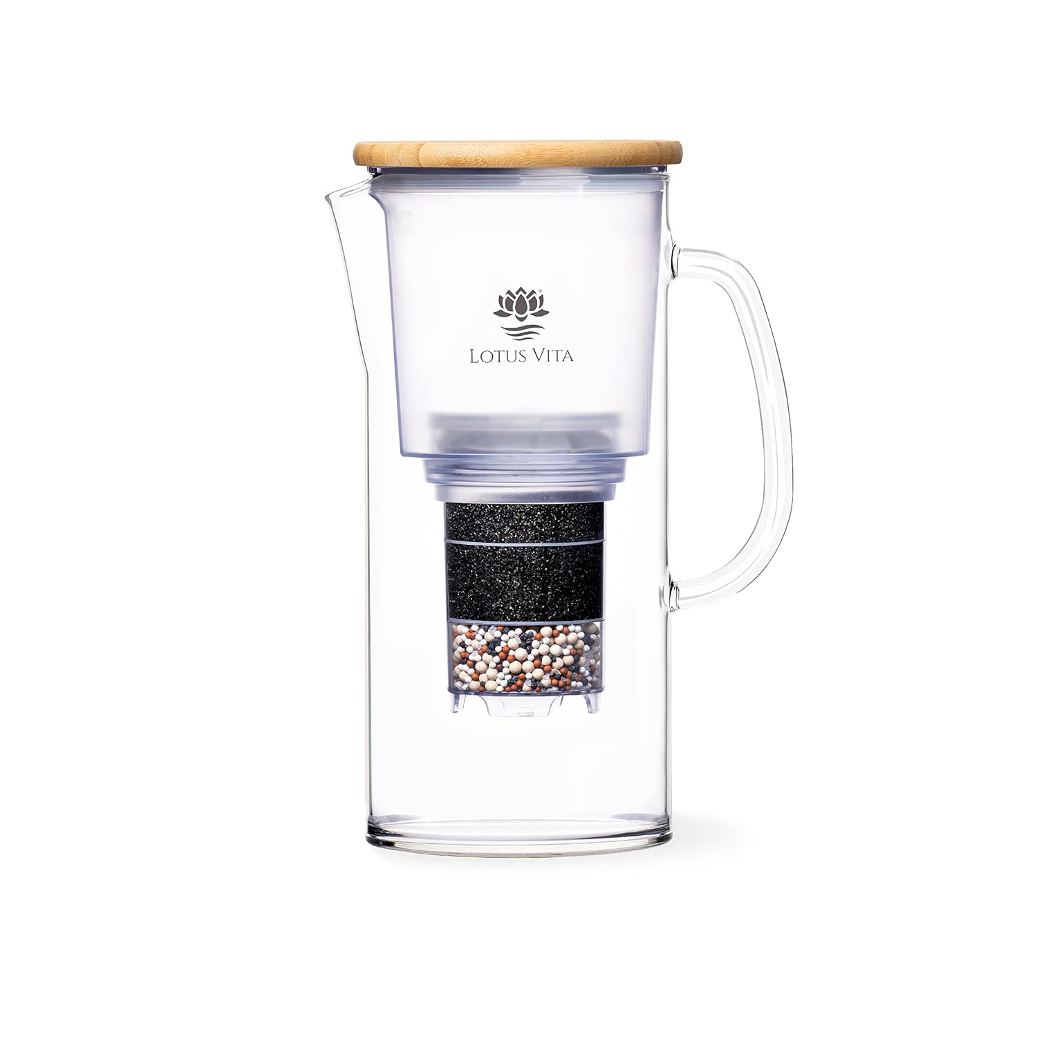 Lotus Vita ENYA Glass Filter Jug with Bamboo Lid - Natura Plus Water Carafe with Cartridge, Reduces Limescale Chlorine Lead from Tap Water with Activated Carbon Ion Exchanger, BPA-Free