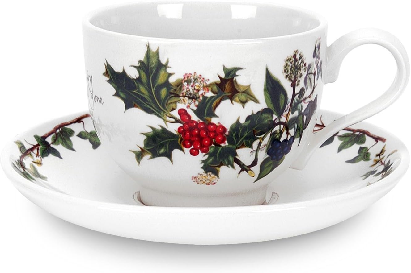 Portmeirion The Holly & Ivy Ceramic Tea Cup and Saucer, Set of 6, Multi-Colour