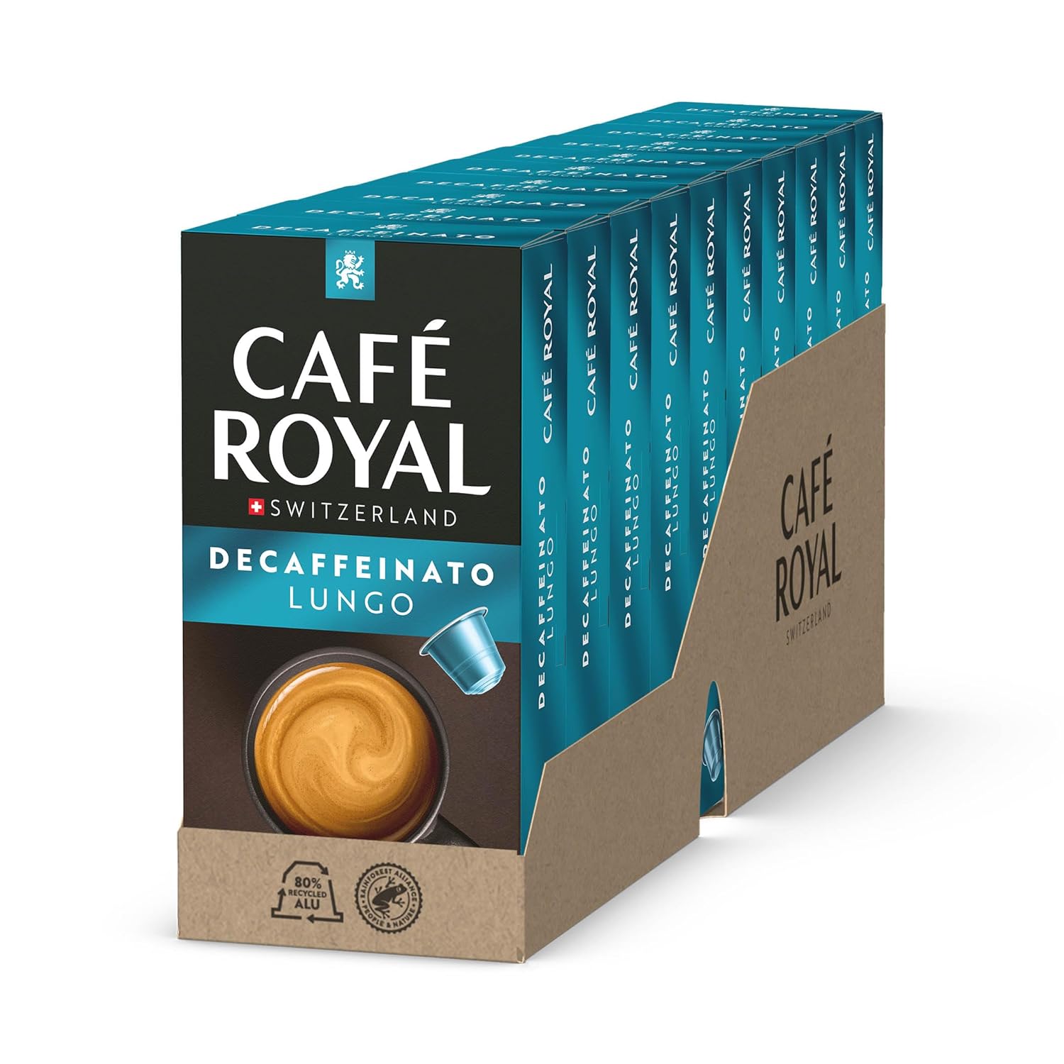 Café Royal, Lungo Decaffeinato, 100 Nespresso (R) Compatible Capsules, 80% Recycled Aluminum, Rainforest Alliance Certified, 100% Arabica Coffee, Decaffeinated