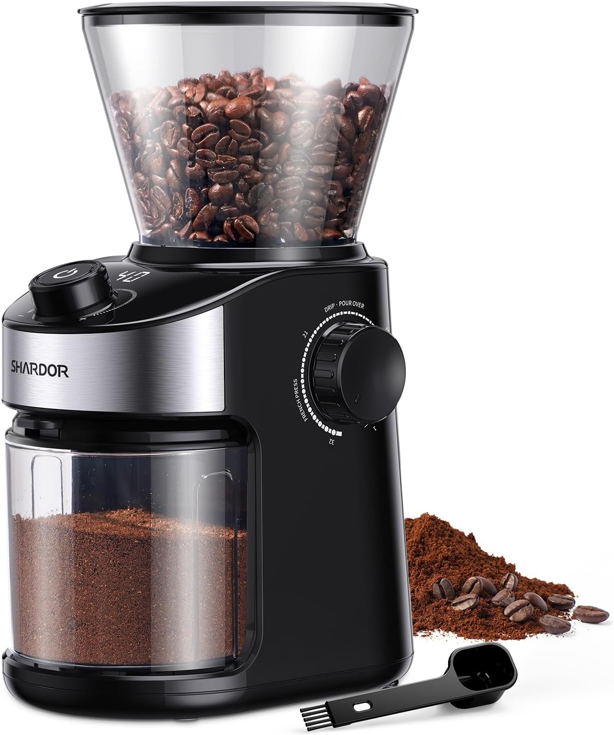 SHARDOR Electric Coffee Grinder with 25 Grinding Settings, Coffee Grinder with Precise Digital Display, Disc Grinder for Espresso, Drip Coffee and French Press, 200 W, 200 g Bean Container