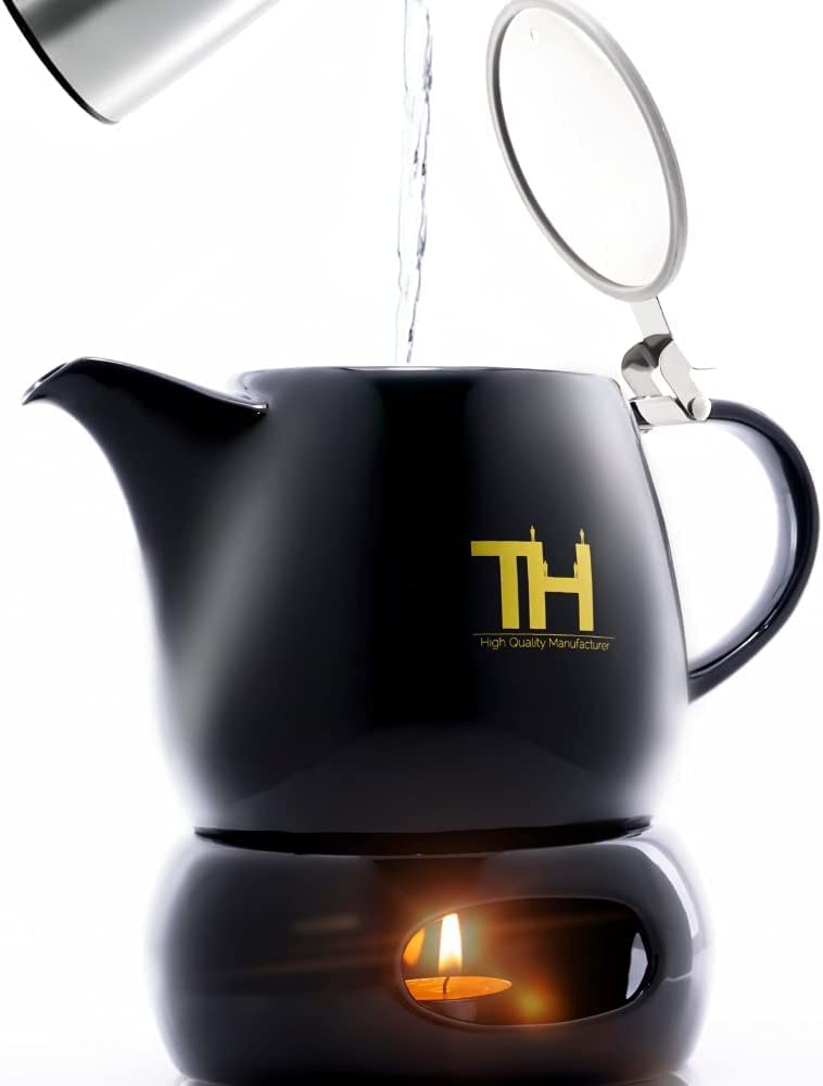Thiru Teapot with Warmer 1200 ml Handmade Premium Porcelain Teapot with Stainless Steel Strainer Insert (with Warmer)
