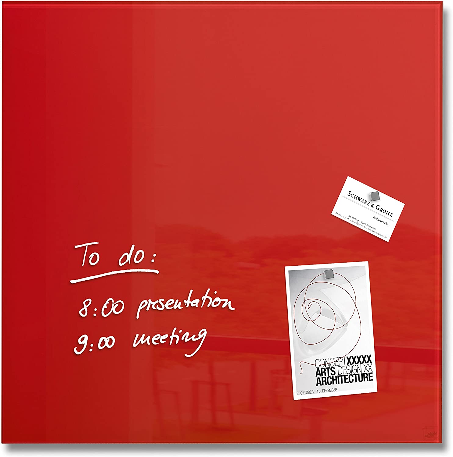 SIGEL GL114 Premium Magnetic Glass Board 48 x 48 cm Red High Gloss TÜV Tested Easy Assembly