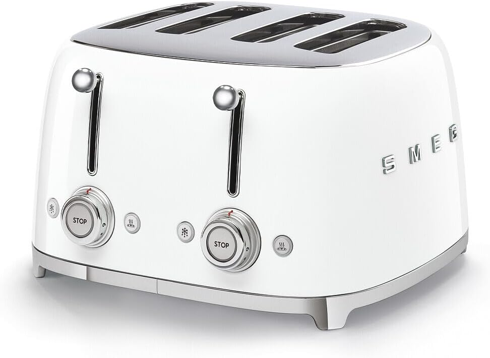 Smeg Store Smeg, Toast 4x4 TSF03WHEU, 4 Compartments for 4 Slices, 6 Levels Gold-Plated, Heating Function, Defrost and Bagel Function, 2 Crumb Containers, 2000 W, White
