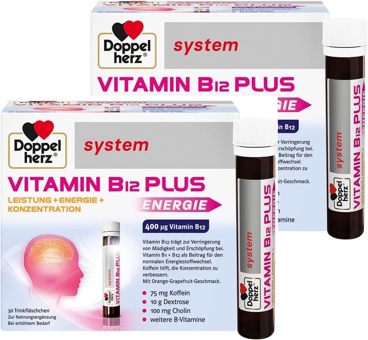 Doppelherz System Vitamin B12 Plus - Vitamin B12 contributes to the reduction of fatigue and fatigue and supports the normal functioning of the nervous system - 2 x 30 drinking bottles