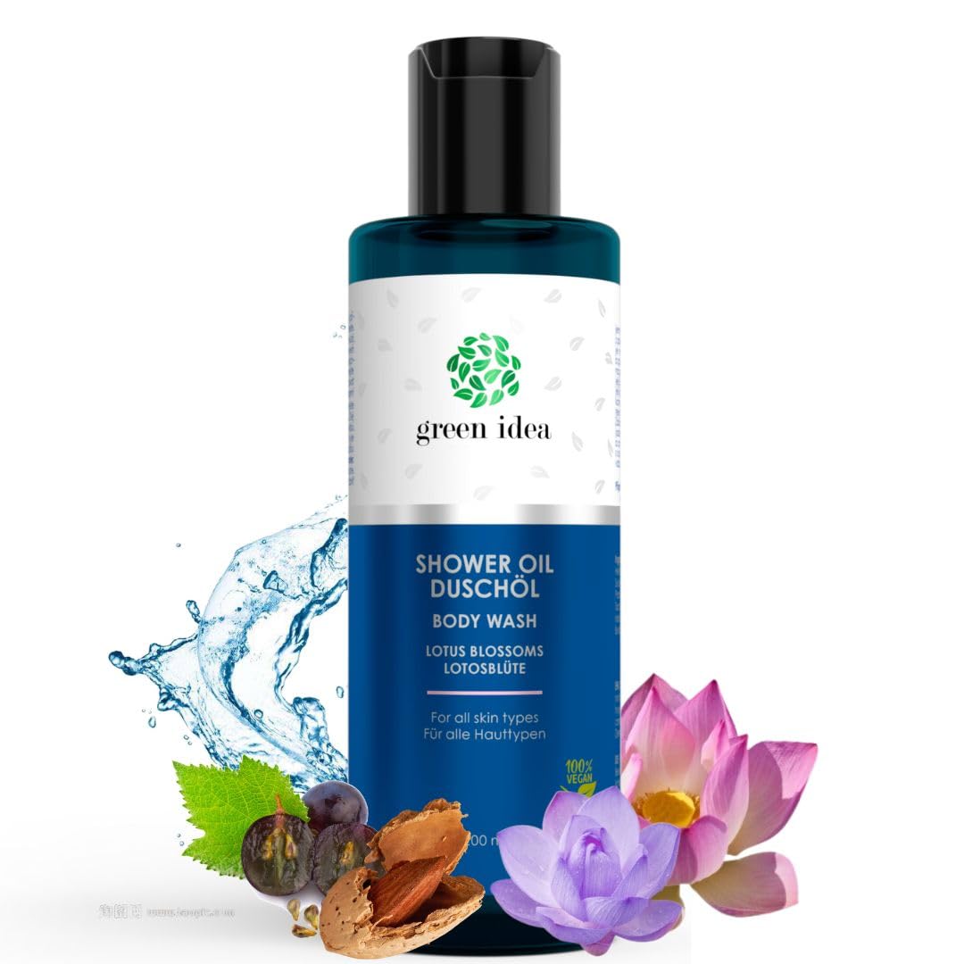 Green idea - Lotus Flower Shower Oil with Grape Seed Oil for Dry Skin - Natural Ingredients - Shower Oil Natural Cosmetics - SLES Free - Vegan 200 ml