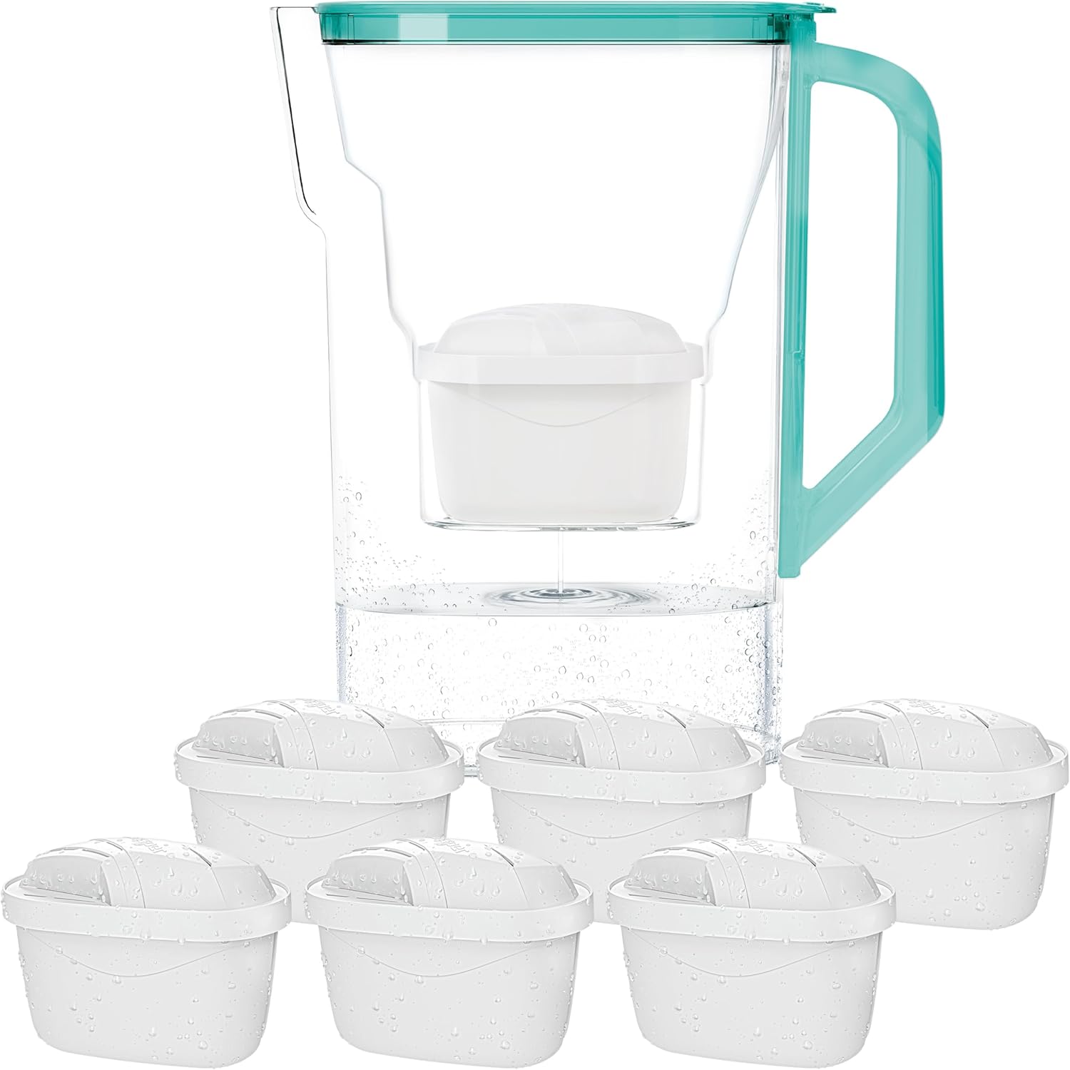 Wessper Water Filter Jug with Filter, Fridge Door Jug 2.7 Liters, Filter Cartridges with Activated Carbon and Ion Exchange Resin, Set Jug and 6 Water Filters - Mint