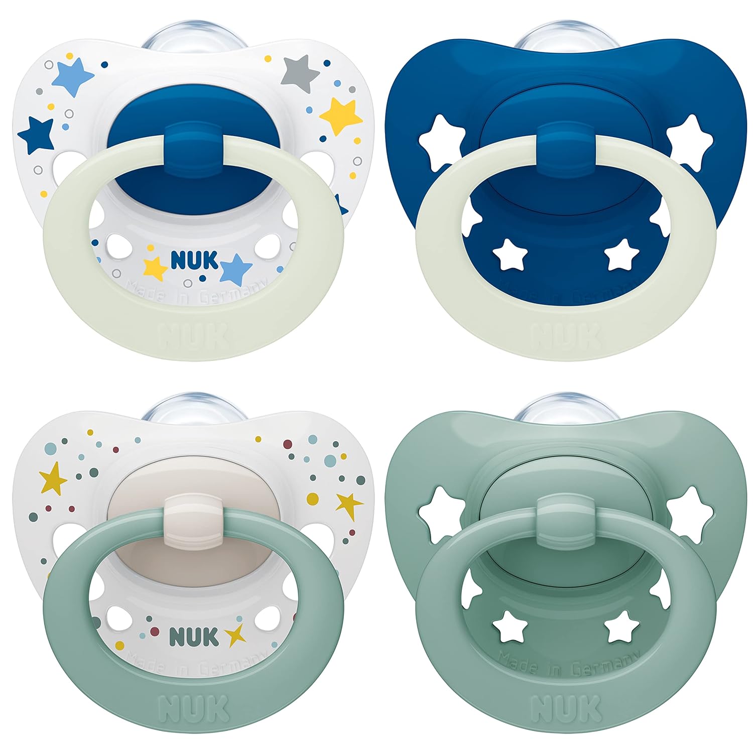 NUK Signature Day & Night Baby Pacifier | 0-6 Months | Soothes 95% of Babies | BPA Free Silicone Heart Shaped Pacifier | Glow in the Dark | Stars | Pack of 4