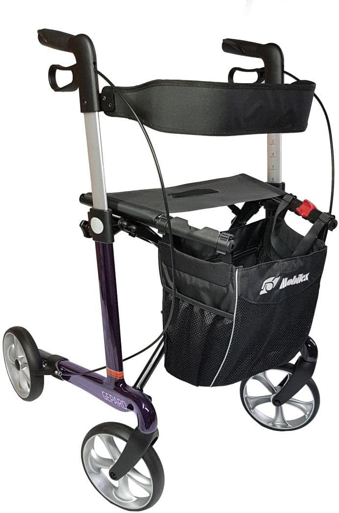 FabaCare Cheetah Rollator with Soft Wheels, Premium Lightweight Carbon Rollator, Foldable, with Full Equipment, Bag, Stick Holder, Seat, Carbon Rollator up to 150 kg, Seat Height 62 cm, Purple/Black