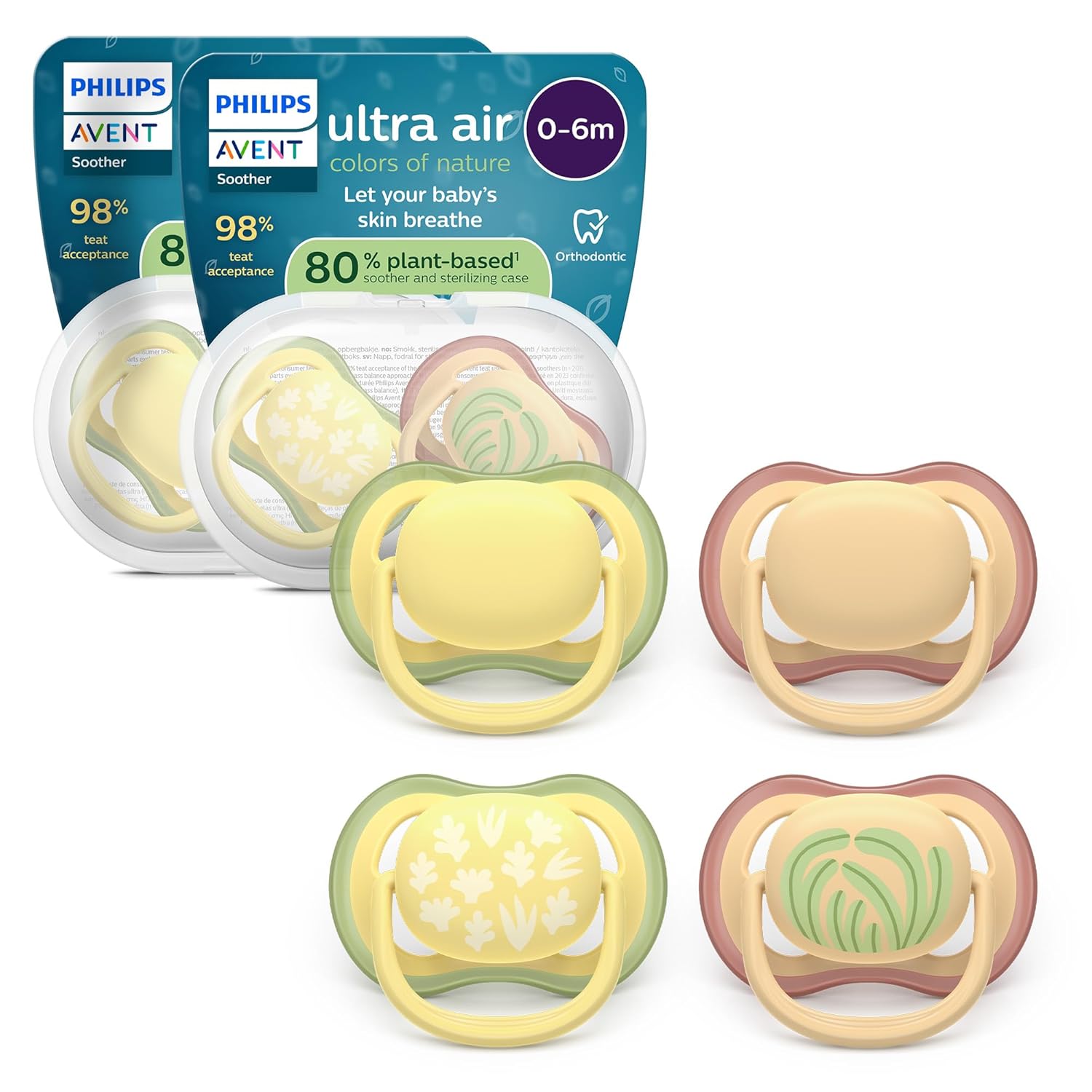 Philips AVENT Ultra Air Pacifier - Orthodontic Design for Babies, 0-6 Months, Soft, Symmetrical Silicone Teat, BPA-Free, 2 Sterilization Containers, Pack of 4, SCF087/21