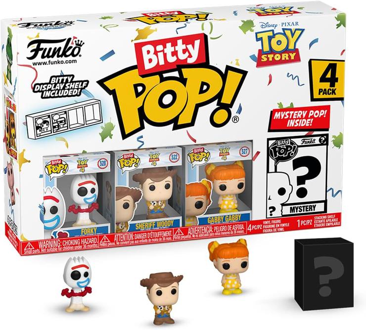 Funko Bitty Pop! Toy Story - Forky 4PK - Forky, Woody, Gabby Gabby and a surprise mini figure - 0.9 inch (2.2 cm) - the toys are on the go! Collectible Stackable Display Shelf Included