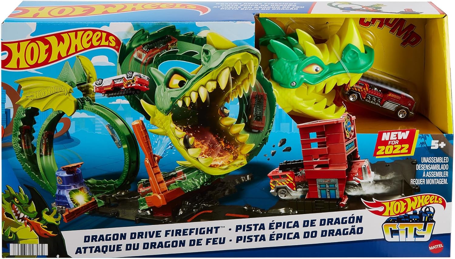 Hot Wheels HDP03 City Dragon Attack Playset, Defeat the Dragon with Stunts, Connects to Other Sets, Includes 1 Hot Wheels Toy Car, Gift for Children from 3 Years