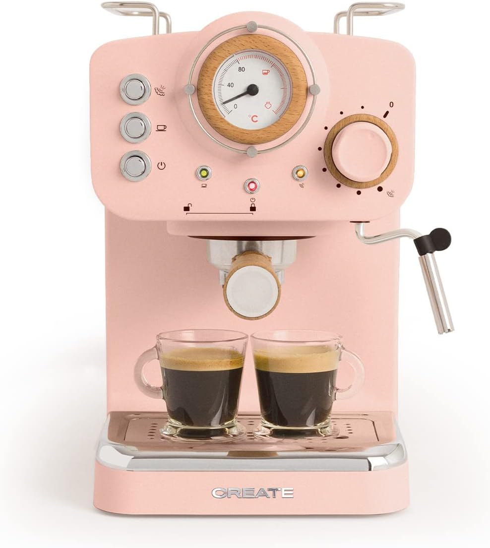 CREATE Thera Matt Retro Espresso Machine Pink Matt and Wood Semi-Automatic with 15 Bar Pressure Pump and 1100 W 1.25 L Water Container for Ground Coffee 55 mm ESE Pads
