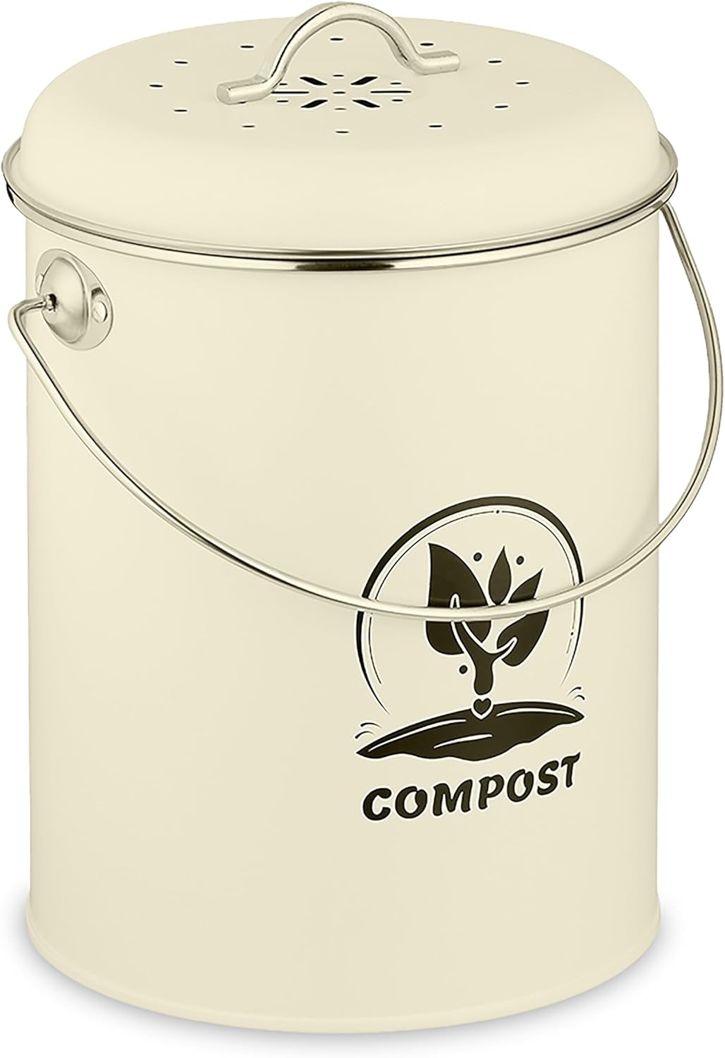 Relaxdays Kitchen Compost Bin 5.5 Liters, Trash Can with Lid and Odor Filter, Organic Waste Bin, Iron, Cream