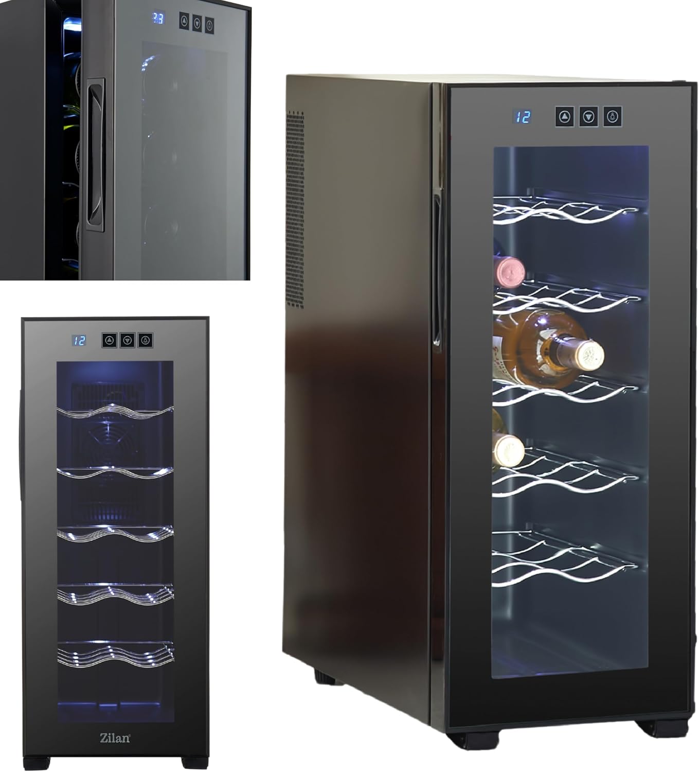 Zilan Wine Fridge Freestanding Quiet 12 Bottles 33 Liter LED Lighting Wine Cooler Small Wine Climate Cabinet Mini Fridge Mini Bar with Glass Door