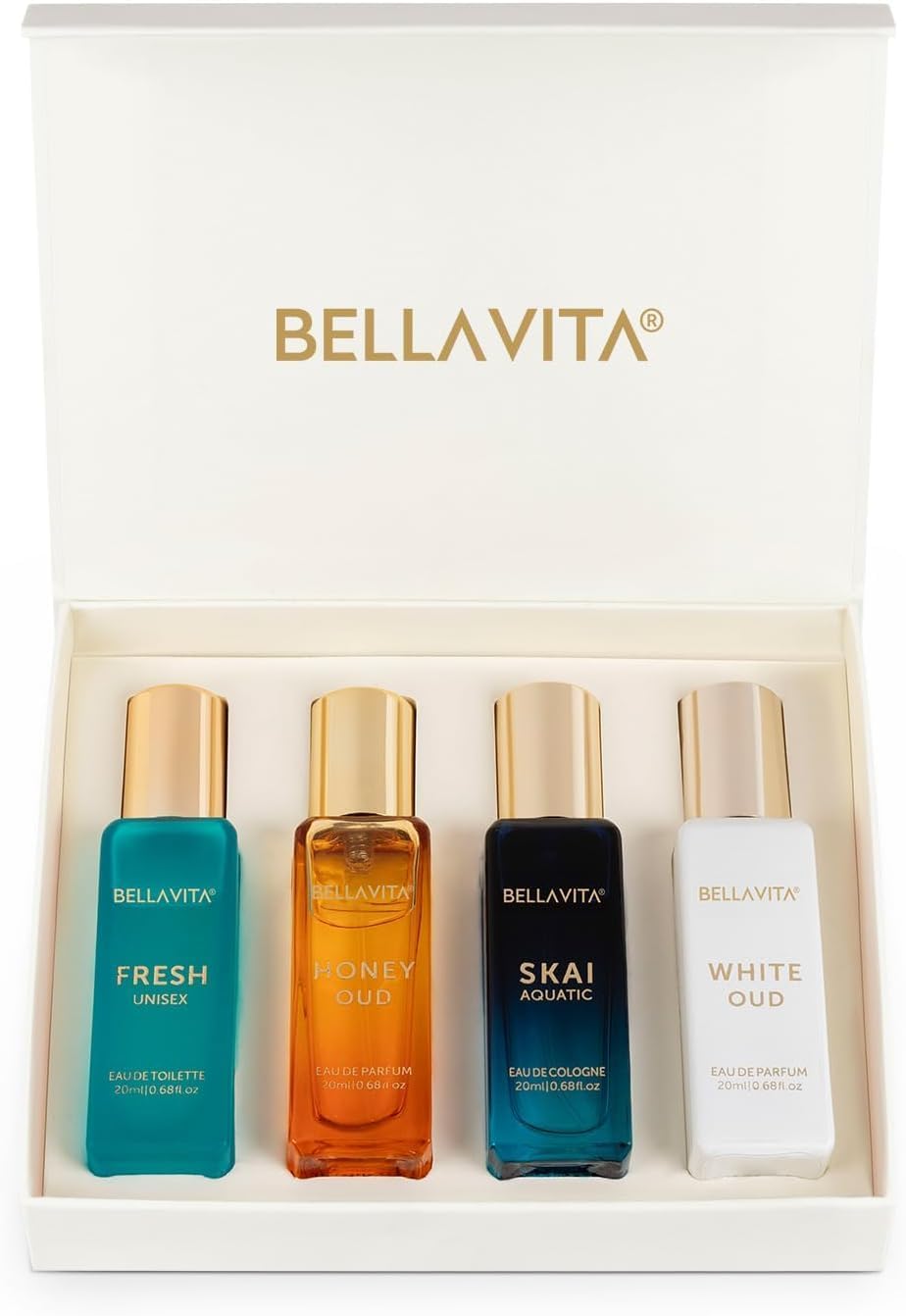 BellaVita Luxury Unisex Perfume Gift Set (4 x 20 ml) | Honey OUD, SKAI, Fresh & White OUD | Long-Lasting Mini Perfumes for Men and Women | Vanilla Fragrance, Vegan & Travel Size