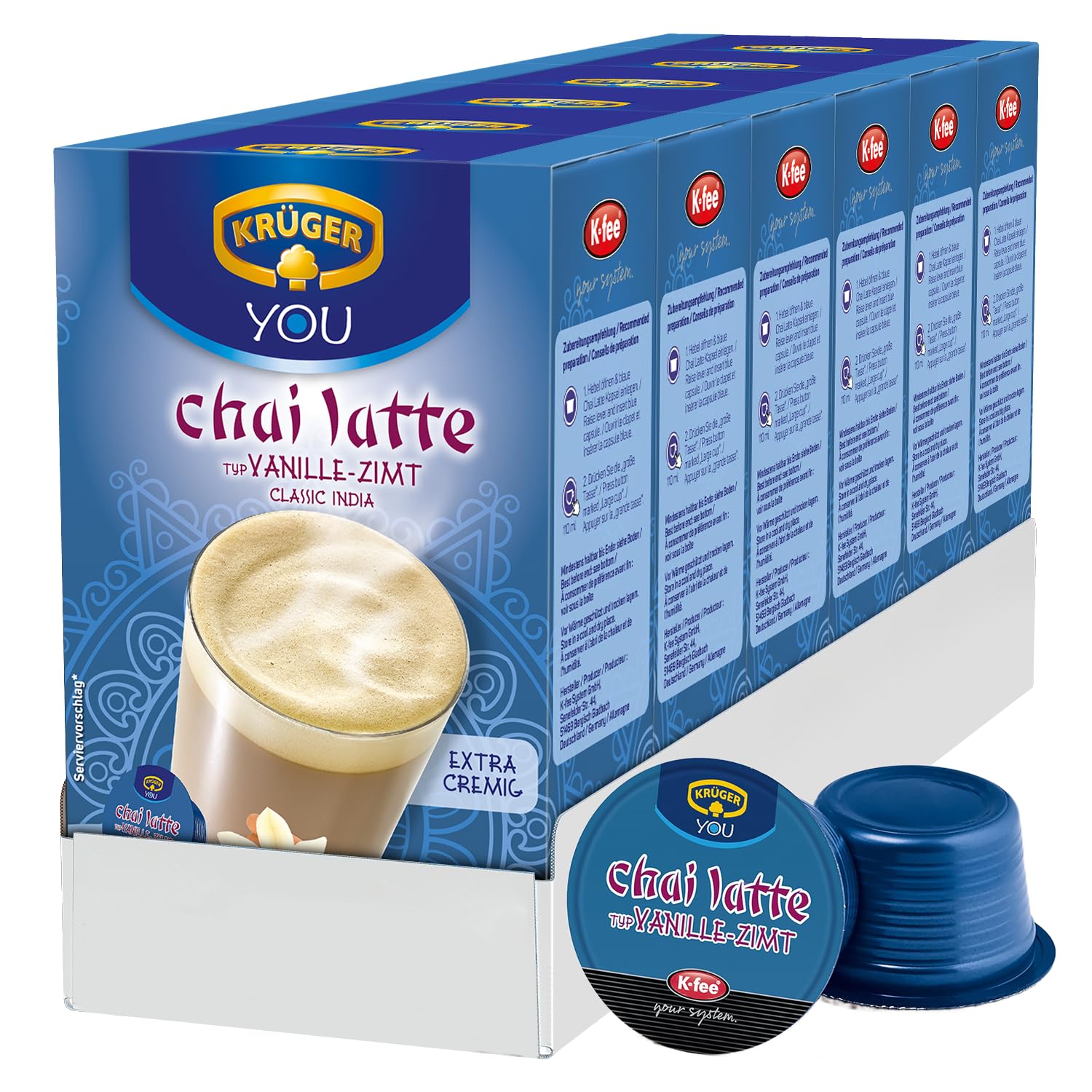 Krüger chai latte vanilla cinnamon capsules, milk tea, compatible with K-fee capsule machines and Tchibo Cafissimo*, pack of 6 (6 x 16 capsules)