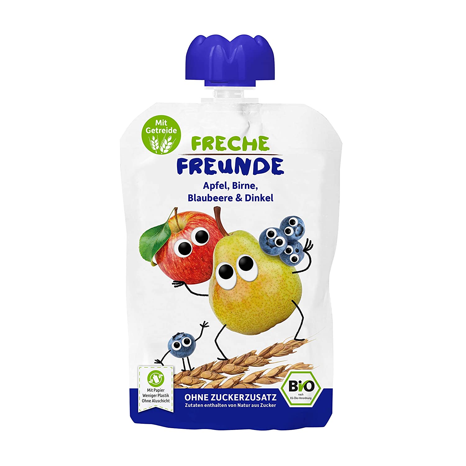 FRECHE FREUNDE Bio Quetschie Apfel, Birne, Blaubeere & Dinkel, Fruchtmus mit Getreide im Quetschbeutel für Babys ab dem 6. Monat, vegan, 6er Pack (6 x 100 g)