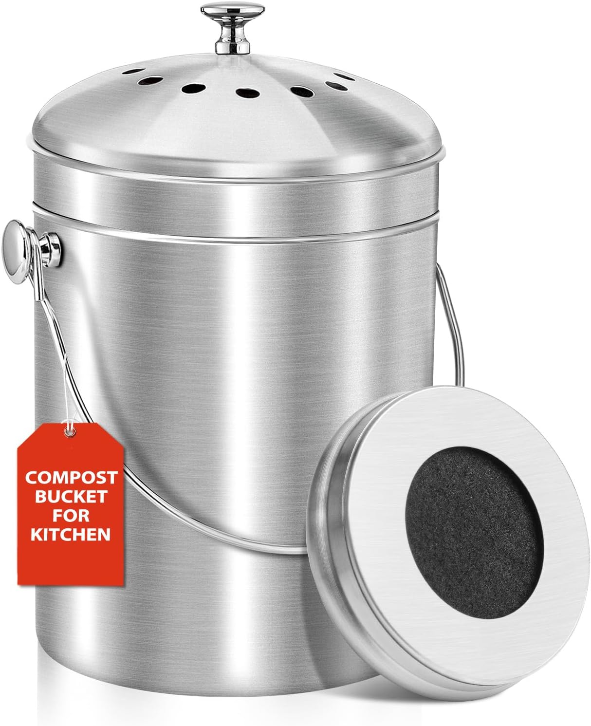 ENLOY Kitchen Countertop Compost Bin, 1.3 Gallon Stainless Steel Indoor Compost Bin with Lid and Charcoal Filter, Compost Bin for Kitchen with Carry Handle