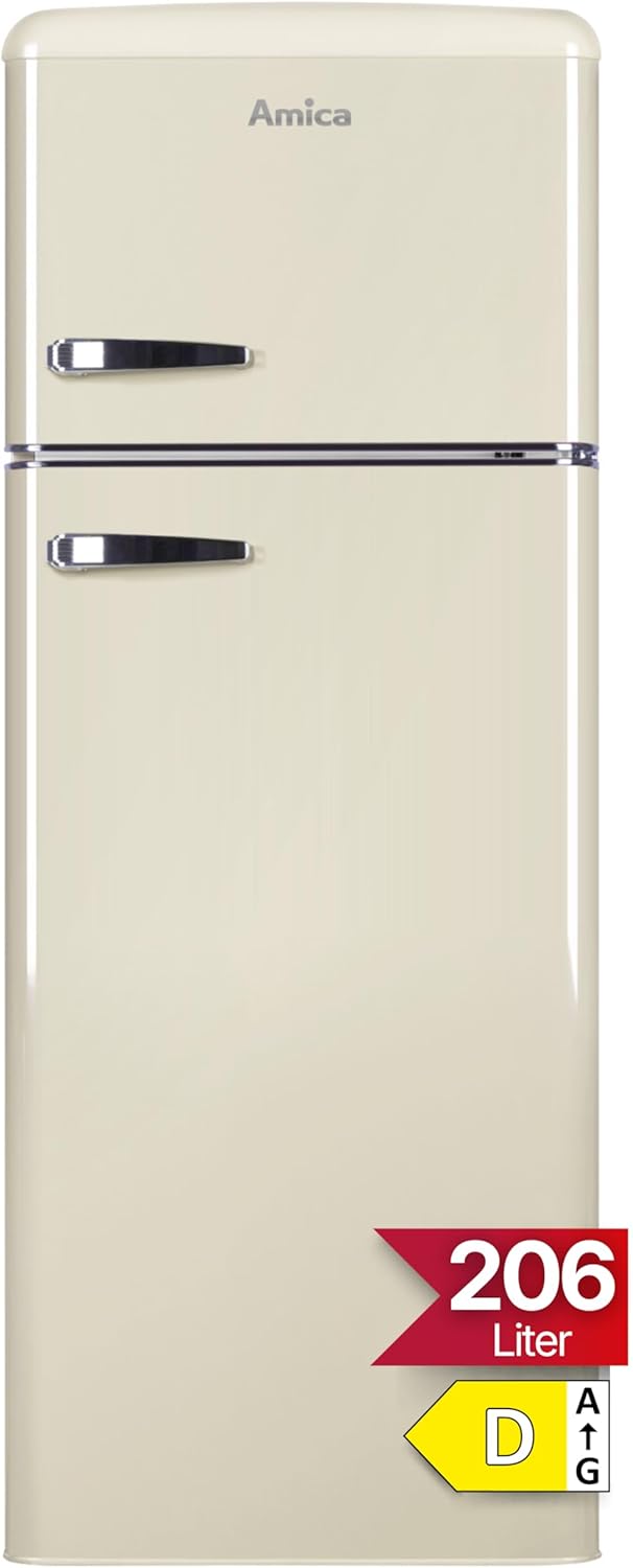 Amica Retro Freestanding Fridge Freezer 206L FrostControl LED Lighting 144 x 55 x 62 cm - Fridge Beige
