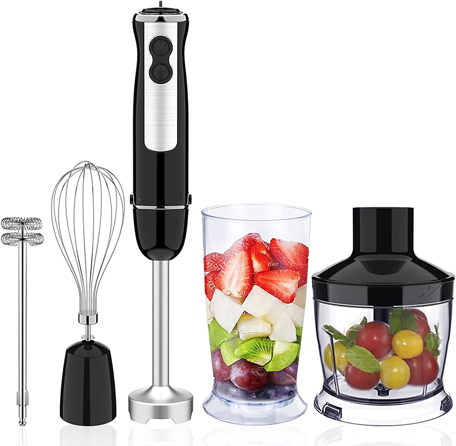 Techigher Hand Blender, 400 W Immersion Hand Blender Electric Set 12 Speed 5-in-1 Stainless Steel Hand Blender with Milk Frother, Chopper, Measuring Cup and Whisk, Black